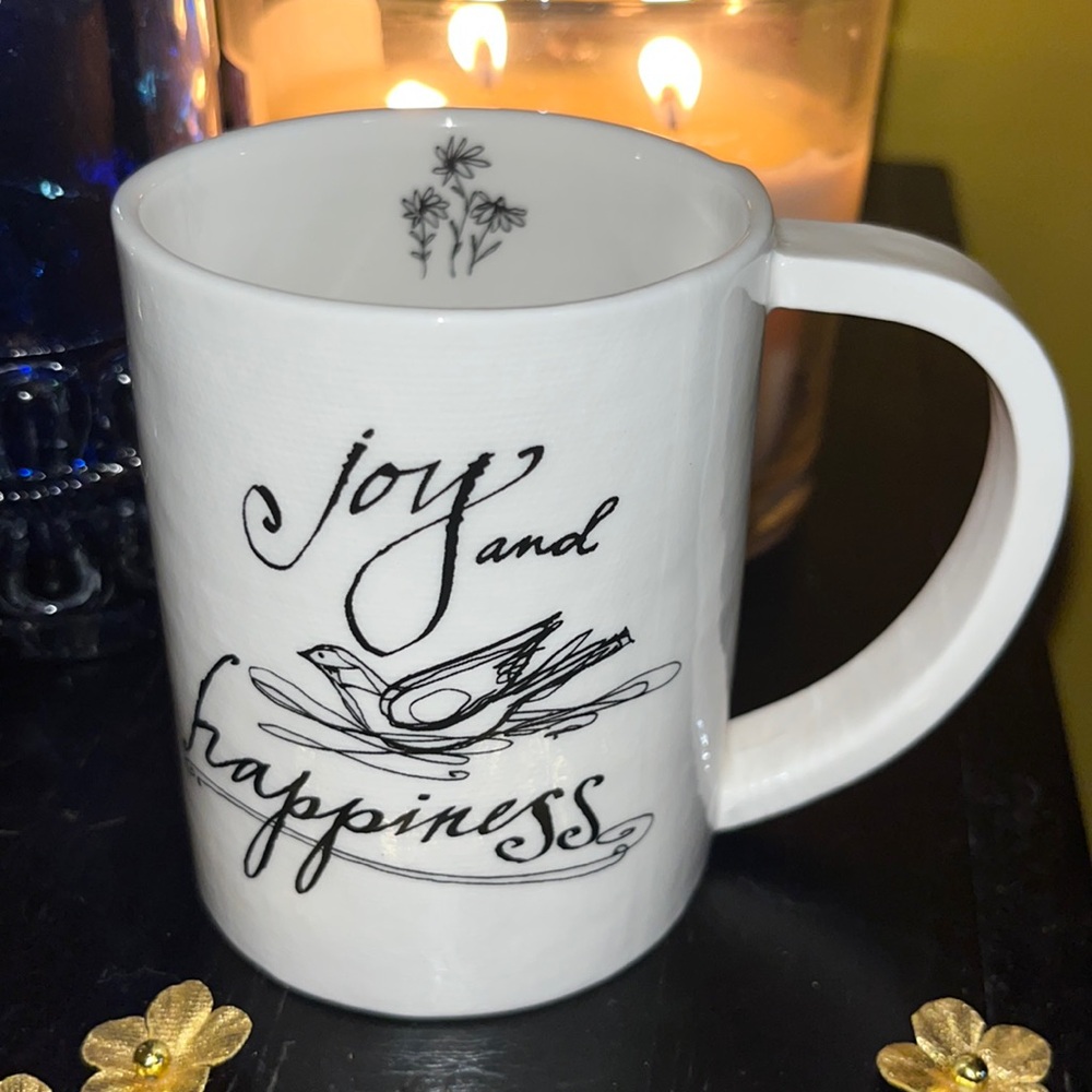 DEMDACO Poetic Threads Joy and Happiness mug coffee cup with bird and flowers